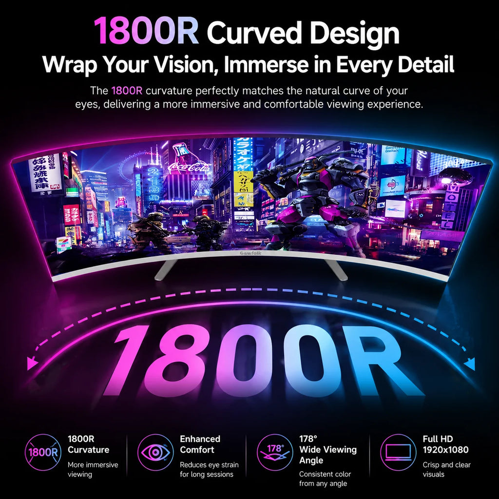 27 Inch Curved Monitor 100Hz, PC White Computer Gaming Monitor FHD 1080P, 1800R, Frameless, Built-In Speakers