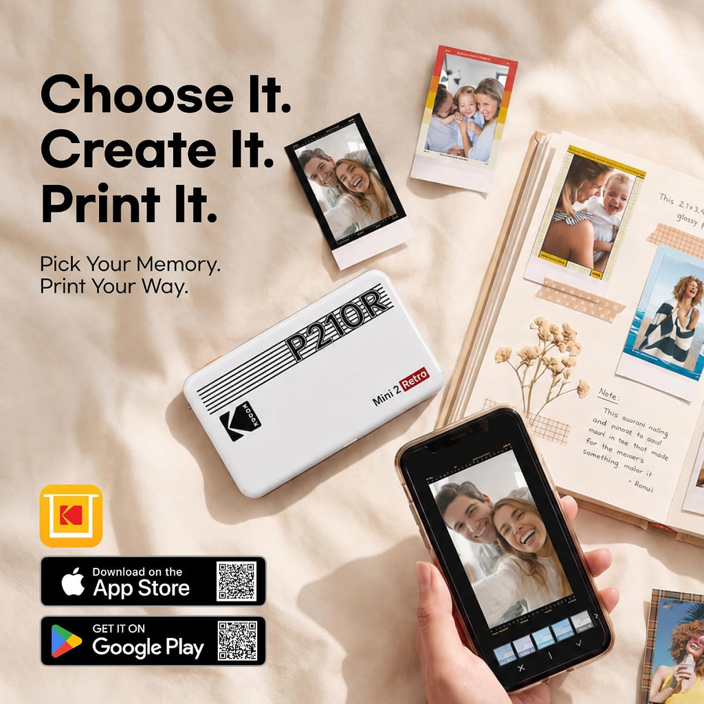KODAK Mini 2 Retro 2X3 Portable Photo Printer, 4PASS, 8 Sheets, White | Bluetooth, Iphone & Android Smartphone Compatible, Smudge-Proof, Water-Resistant, Fade-Resistant