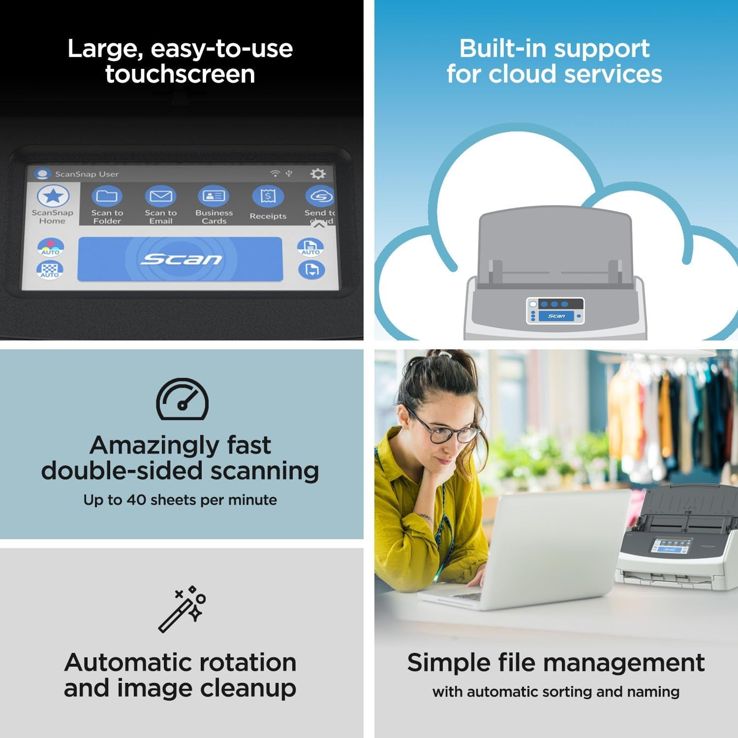 Ix1600 Photo and Document Scanner, Wireless or USB, White | High-Speed | Cloud Enabled | Large Touchscreen | Auto Document Feeder | Mac or PC