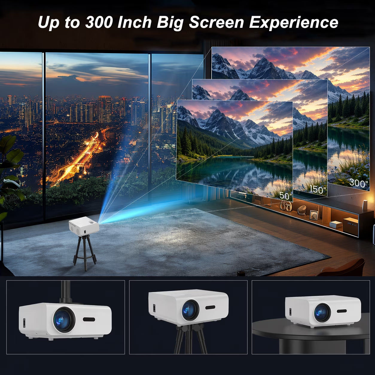 Native 1080P Mini Projector, Support 4K Projector with Wifi and Bluetooth, 300 ANSI Lumens Movie Projector Includes 100" Projector Screen, Home Theater Projector Compatible with PC & Phones