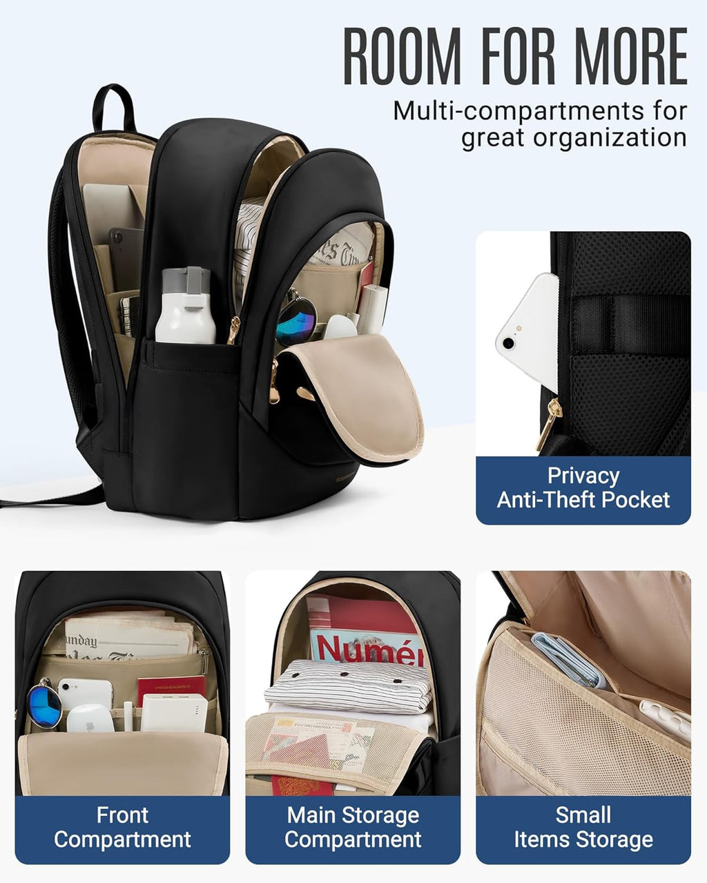 Travel Backpack for Women, 15.6 Inch Laptop Daypack | Fits 15.6 Inch Laptop, Personal Carry-On Size, Water Resistant Nylon, Gold Zipper, Commute Daypack for College Travel Work