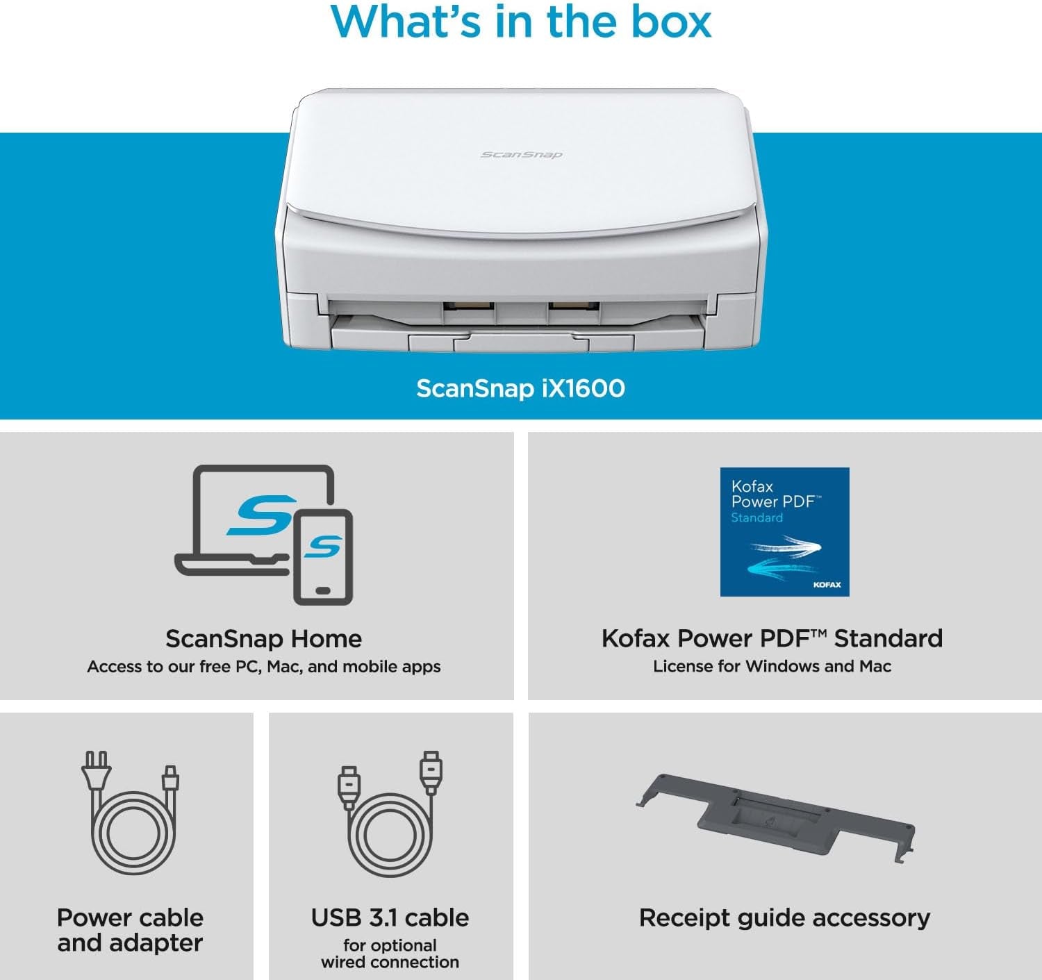 Ix1600 Photo and Document Scanner, Wireless or USB, White | High-Speed | Cloud Enabled | Large Touchscreen | Auto Document Feeder | Mac or PC