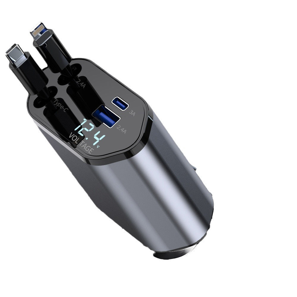4 in 1 Retractable Car Charger, 120W Fast Car Phone Charger with Iphone and Type C Cable and 2 Charging Ports Car Charger Adapter
