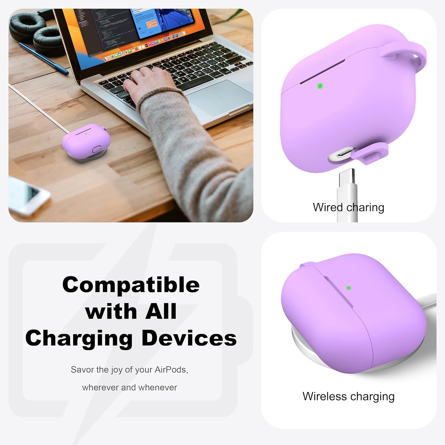 for Airpods Pro 2 Case Silicone Cover, Lavender | Compatible with Apple Airpods Pro 2Nd/1St Generation with Keychain & Cleaner Kit, Wireless Charging Compatible