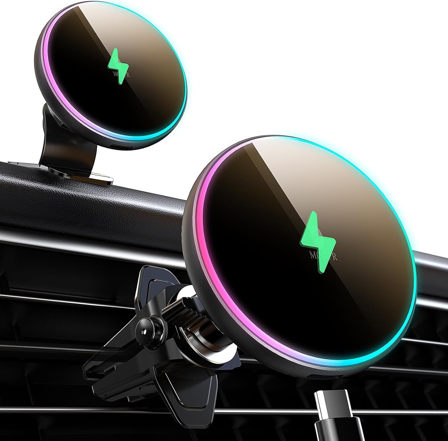 For Magsafe Car Mount Charger 15W LED RGB Car Phone Holder for Dash Vent | Handsfree Magnetic Wireless Car Charger Car Mount Fast Car Charger for Iphone 17 16 15/14/13/12 Series