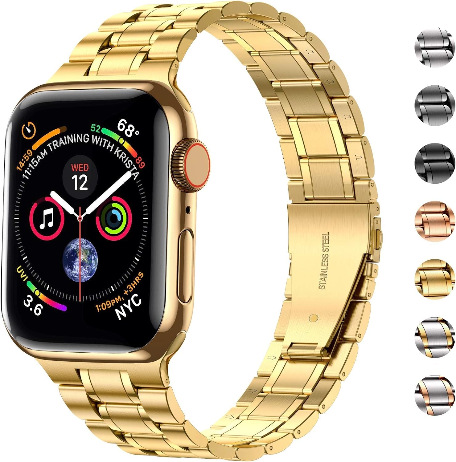 Stainless Steel Bands for Apple Watch 45Mm 44Mm 42Mm(Series 3/2/1) | Adjustable Metal Strap with Soft TPU Case for Women and Men, Fits Iwatch Bands Series 9 8 7 6 5 4 3 2 1, SE3, SE2, SE, Gold