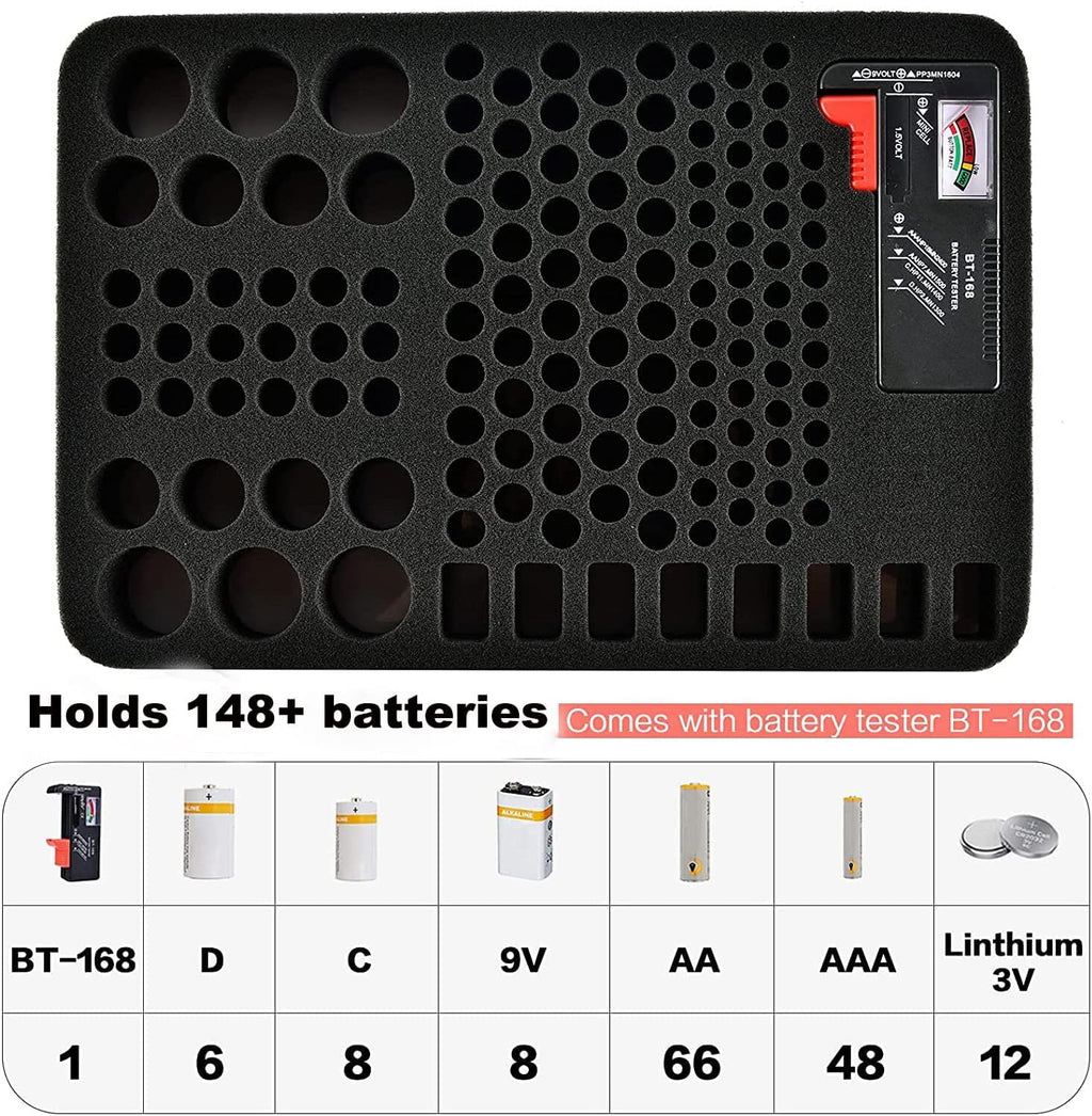 Battery Storage Case with Tester, Holds 148+ AA AAA C D 9V, Black | Hard-Shell Design, Carry Handle and Custom Foam Slots Keep Batteries Visible, Separated and Ready for Home, Garage or Office