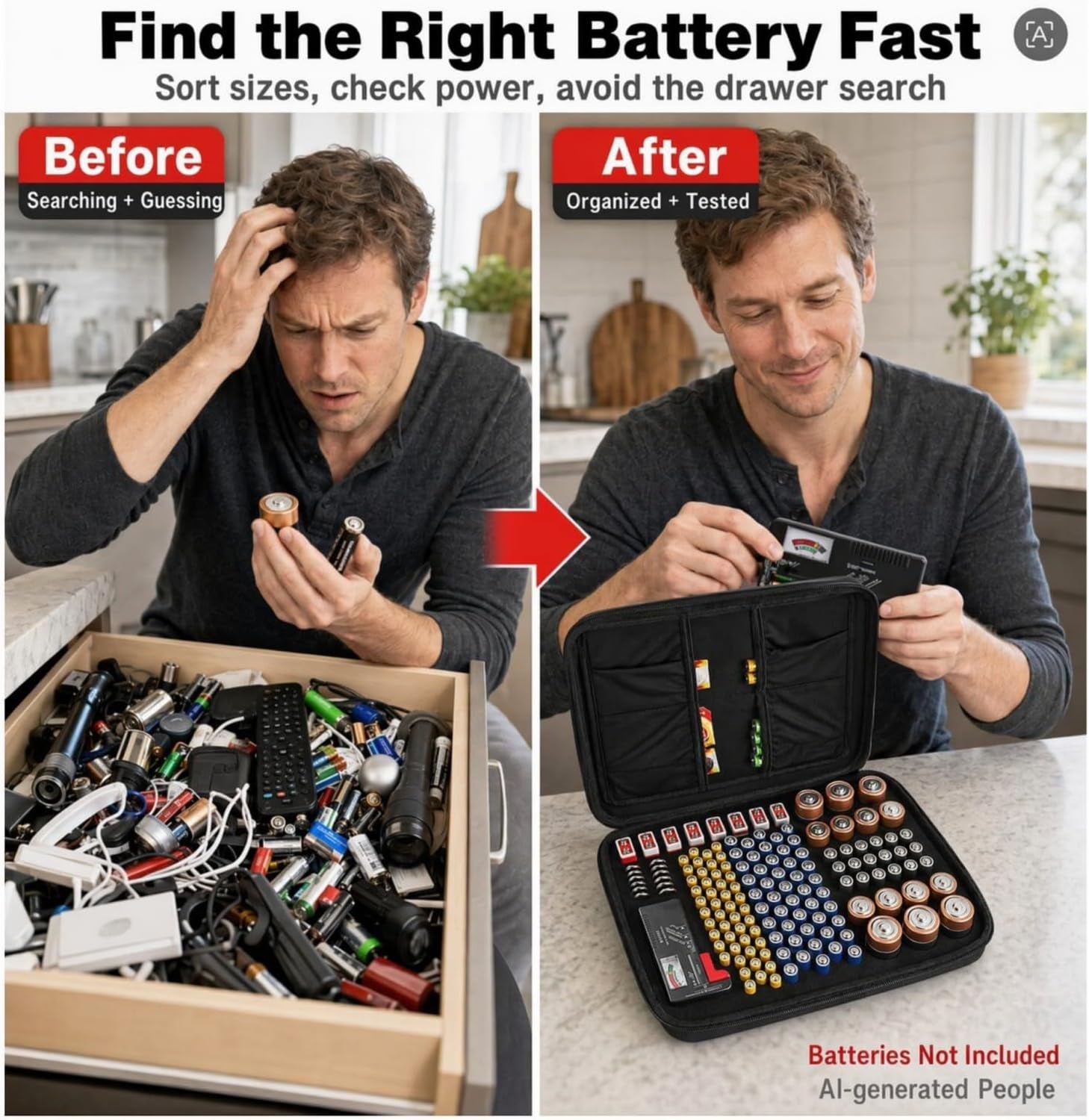 Battery Storage Case with Tester, Holds 148+ AA AAA C D 9V, Black | Hard-Shell Design, Carry Handle and Custom Foam Slots Keep Batteries Visible, Separated and Ready for Home, Garage or Office
