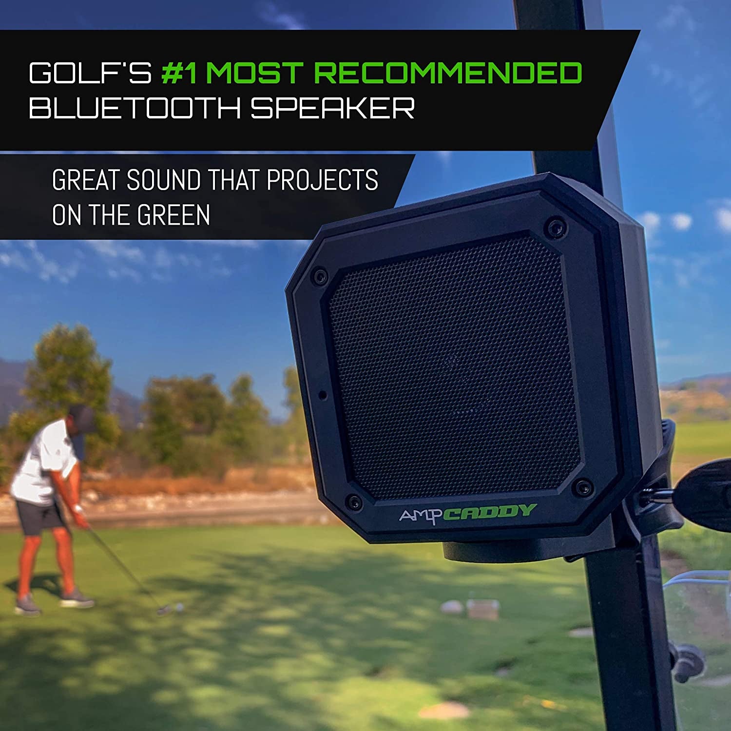 Golf Bluetooth Speaker with Mount, Bluetooth Speaker and Mount with Loud Stereo Sound and Bass Boost, Extended Playtime and Range (V3 Pro - 15 Watts)