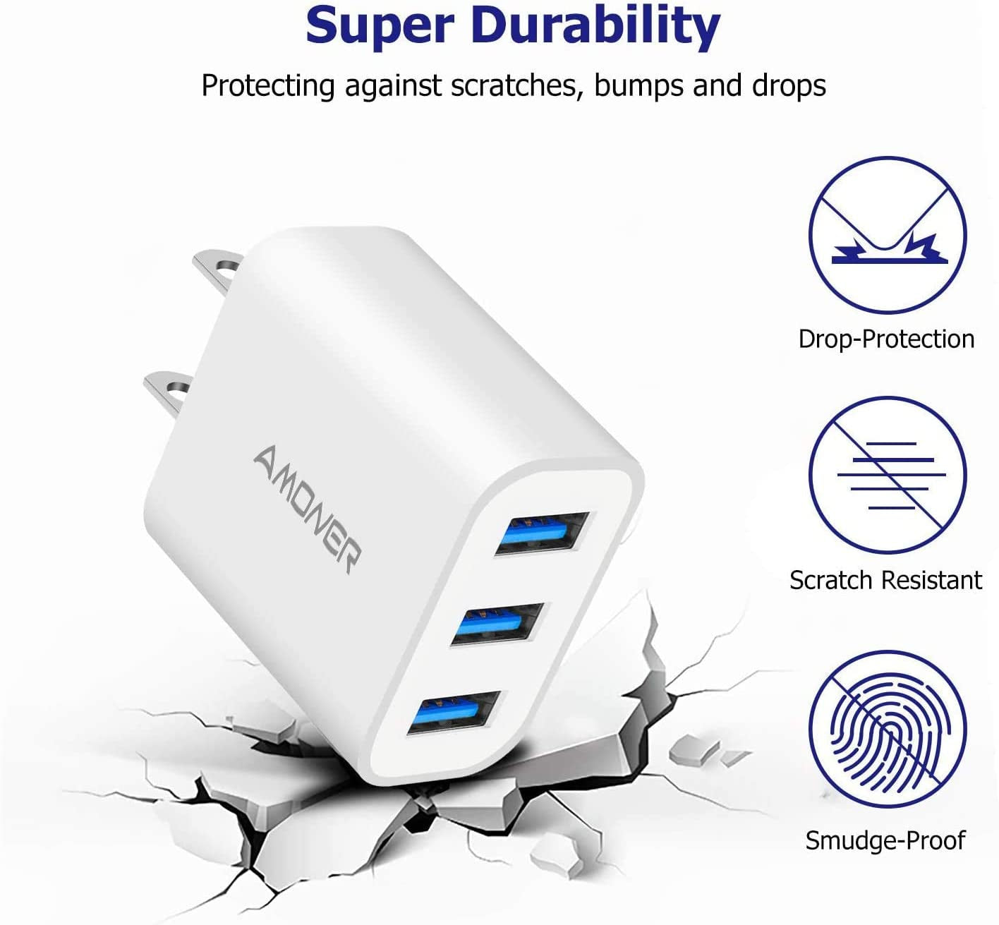 USB Wall Charger,  2Pack 15W 3-Port USB Charger Block Iphone Cube Charging Blocks for Iphone 14/13/12/11/X/XR/X/8/7/6, Galaxy, Android Phones and More | Fits Iphone 16/15/14/13/12/11/X/8, Galaxy, Android&Ipad Smart IC Fast Charge, 3 USB Ports for Home, Of