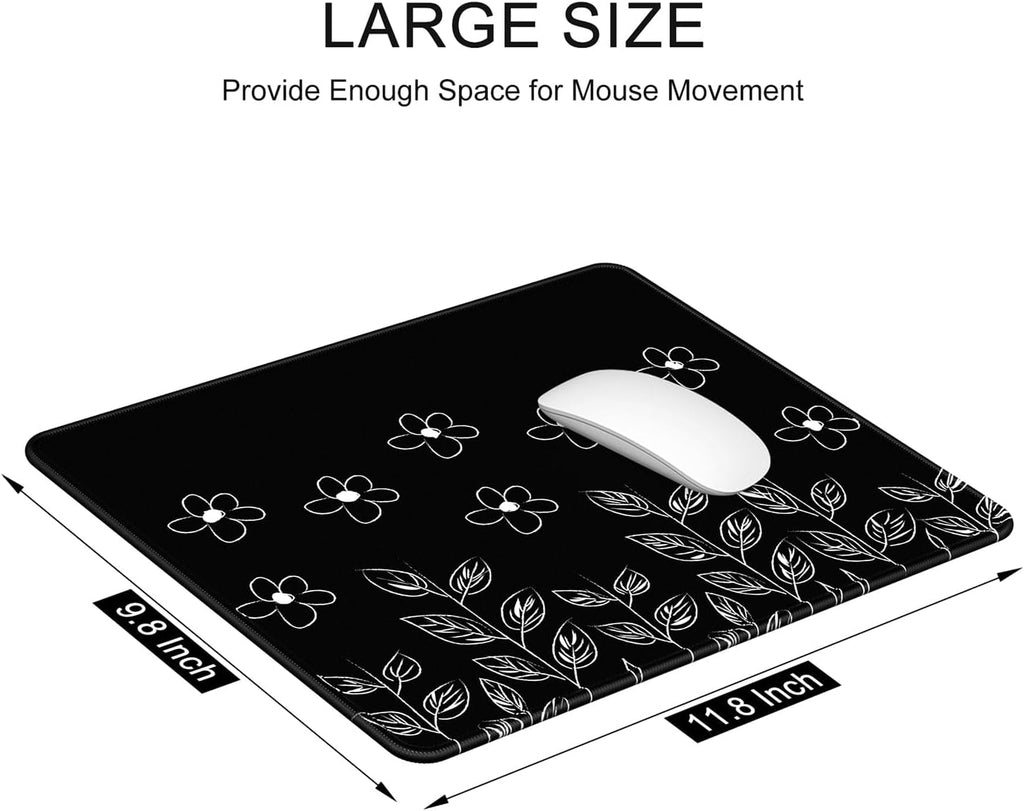 Mouse Pad, 12 X 10 in Flower Theme Computer Mouse Pad for Desk, Premium-Textured Non-Slip Rubber Stitched Edges Waterproof Square Mouse Mat for Gaming Work Wireless Mice, Black