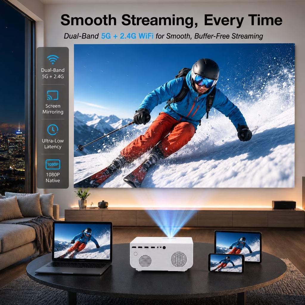 Native 1080P Mini Projector, Support 4K Projector with Wifi and Bluetooth, 300 ANSI Lumens Movie Projector Includes 100" Projector Screen, Home Theater Projector Compatible with PC & Phones