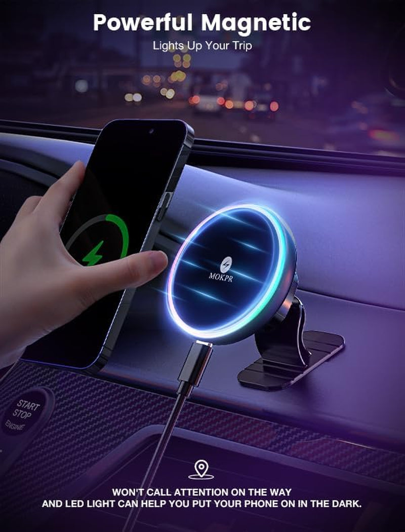 For Magsafe Car Mount Charger 15W LED RGB Car Phone Holder for Dash Vent | Handsfree Magnetic Wireless Car Charger Car Mount Fast Car Charger for Iphone 17 16 15/14/13/12 Series