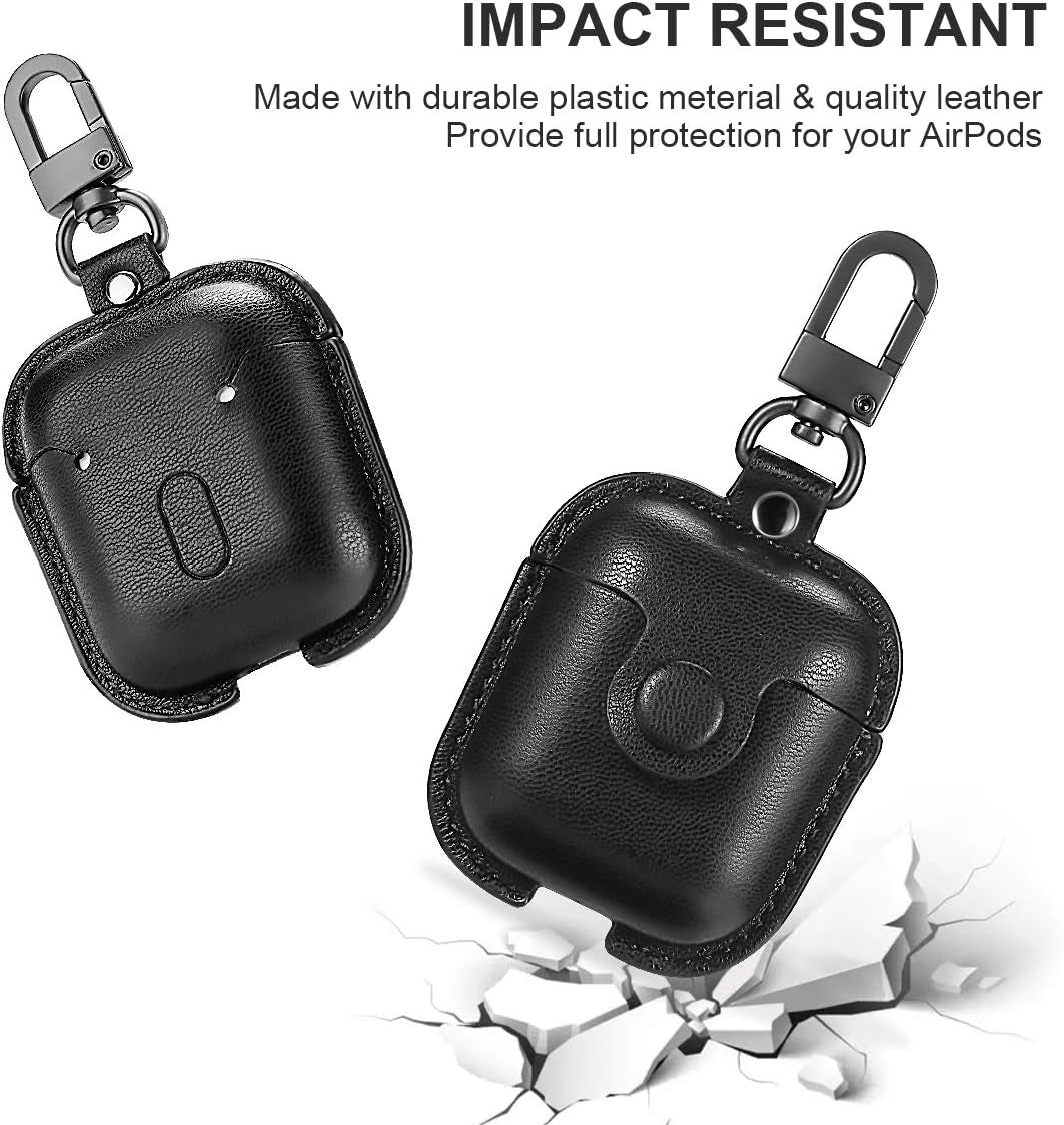 for Airpods 1/2 Case Case Leather with Keychain, Black | Soft PU Leather, One Piece Airpods Airpods 1St & 2Nd Case, Shockproof Protective Cover, Front LED Charging Visible