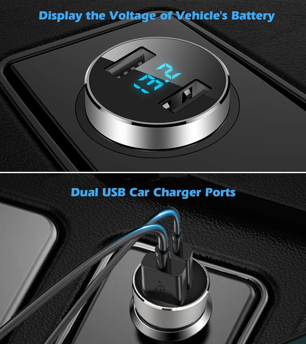 2 USB Car Charger,12V/24V Voltage Meter, Silver | Cigarette Lighter USB Adapter with LED Voltage Meter, 12V/24V Car Charger Compatible for Iphone, Samsung, Ipad, GPS, Dash Cam
