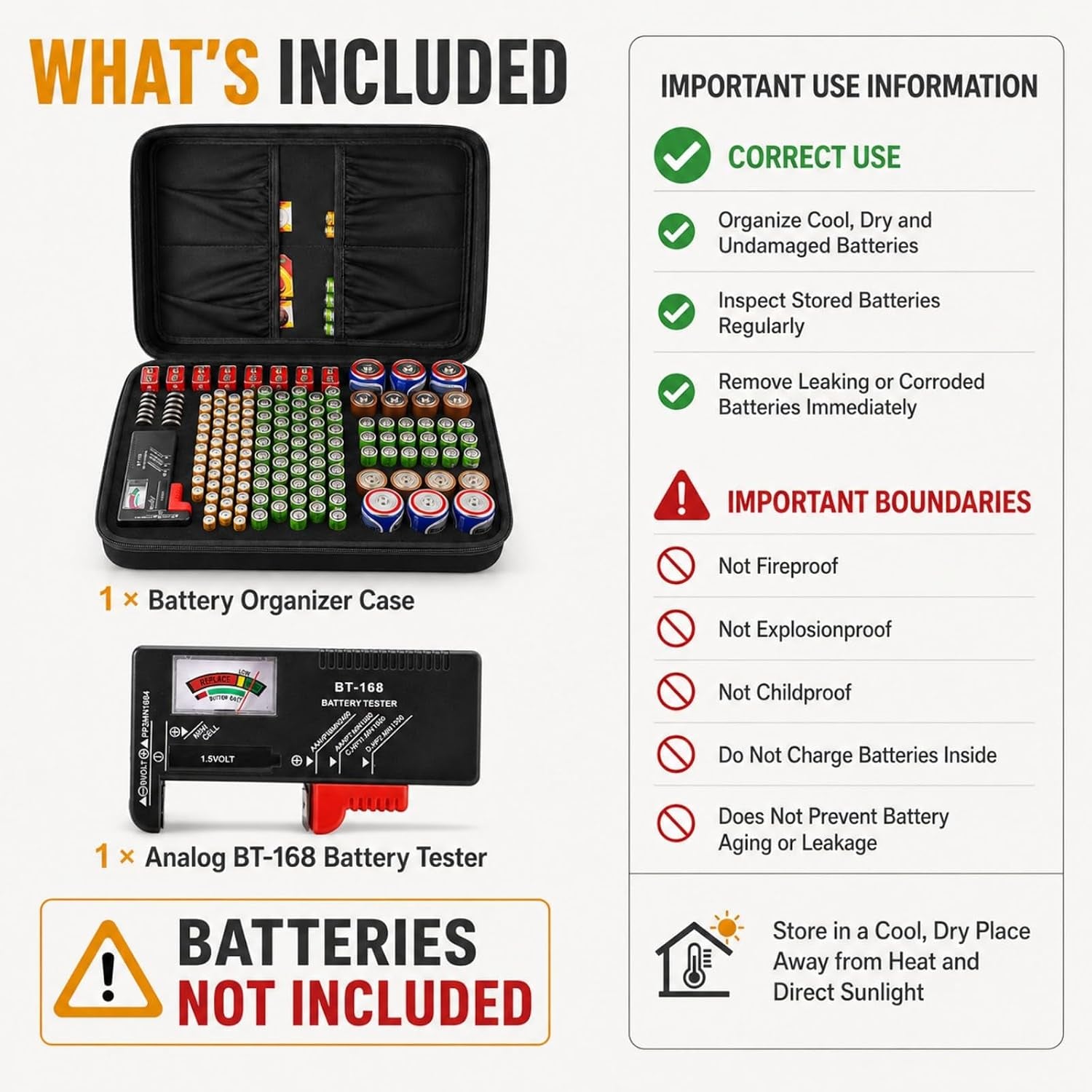 Battery Storage Case with Tester, Holds 148+ AA AAA C D 9V, Black | Hard-Shell Design, Carry Handle and Custom Foam Slots Keep Batteries Visible, Separated and Ready for Home, Garage or Office