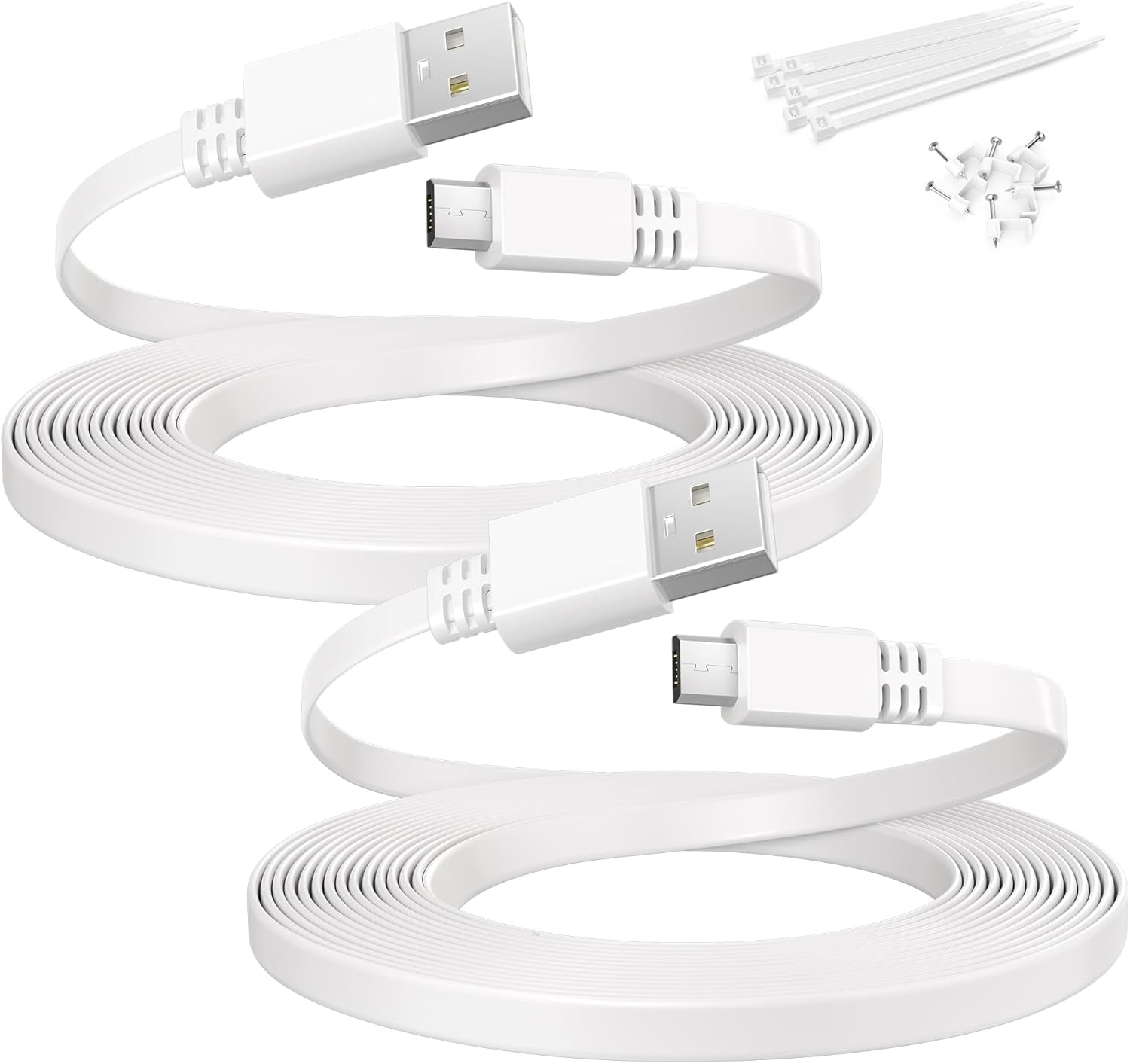 Flat USB a to Micro USB Power Extension Cable 20FT/6M 2Pack,White | Long Charging Extender Cord Wire Replacement for Security Camera,Blink Mini/Xt2,Wyze Cam V4/Og,Yi Home,Ring,Arlo,Eufy,Ezviz
