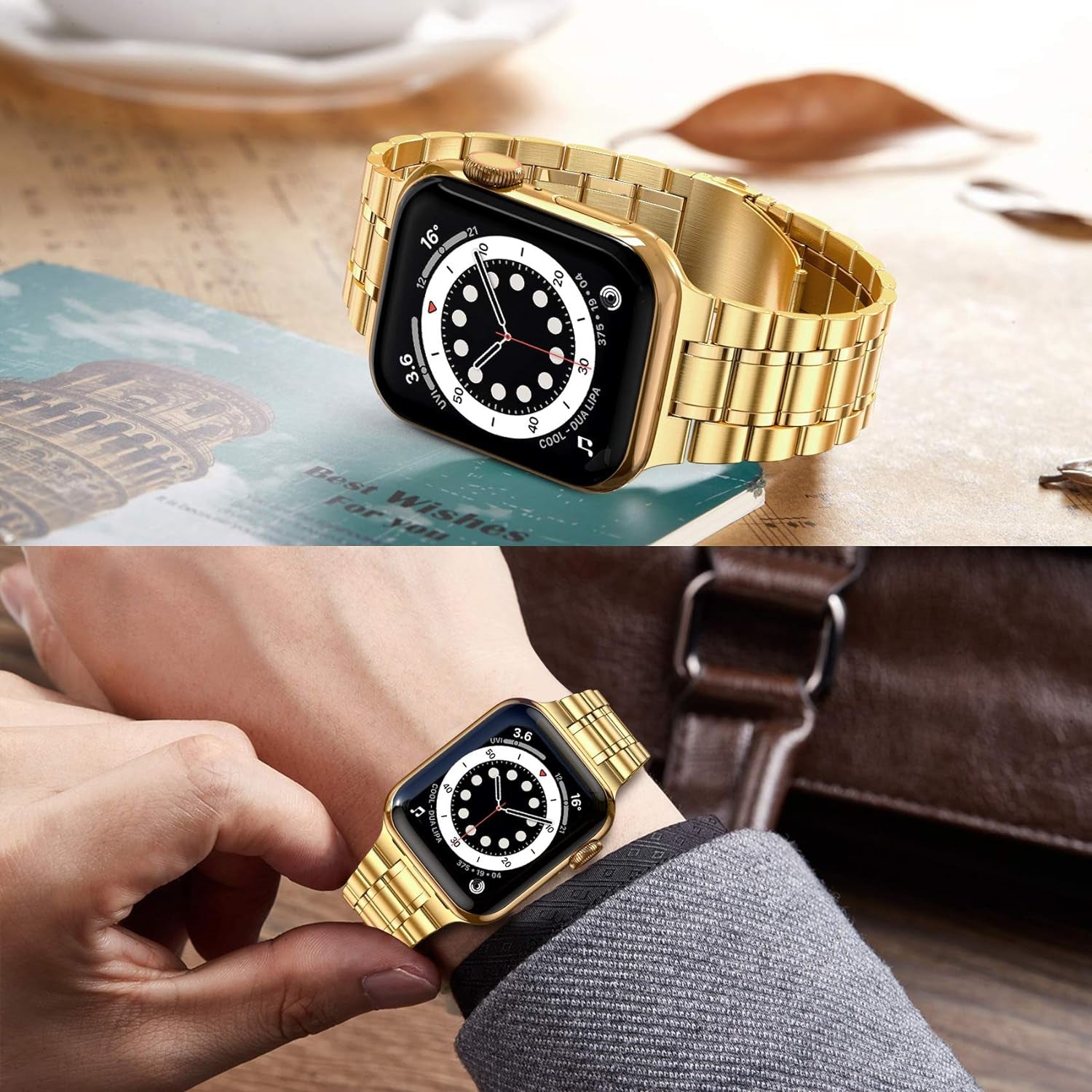 Stainless Steel Bands for Apple Watch 45Mm 44Mm 42Mm(Series 3/2/1) | Adjustable Metal Strap with Soft TPU Case for Women and Men, Fits Iwatch Bands Series 9 8 7 6 5 4 3 2 1, SE3, SE2, SE, Gold