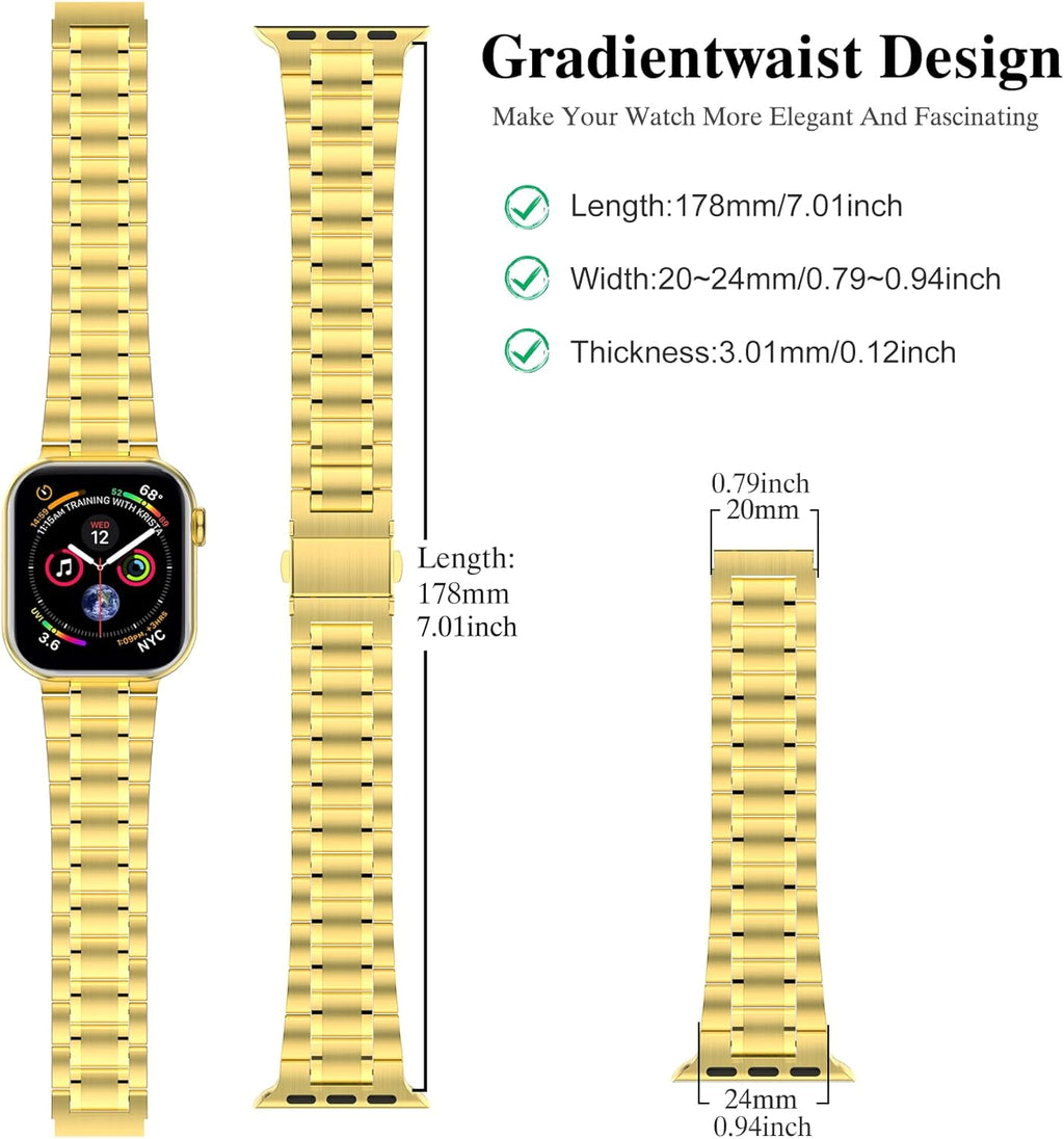 Stainless Steel Bands for Apple Watch 45Mm 44Mm 42Mm(Series 3/2/1) | Adjustable Metal Strap with Soft TPU Case for Women and Men, Fits Iwatch Bands Series 9 8 7 6 5 4 3 2 1, SE3, SE2, SE, Gold