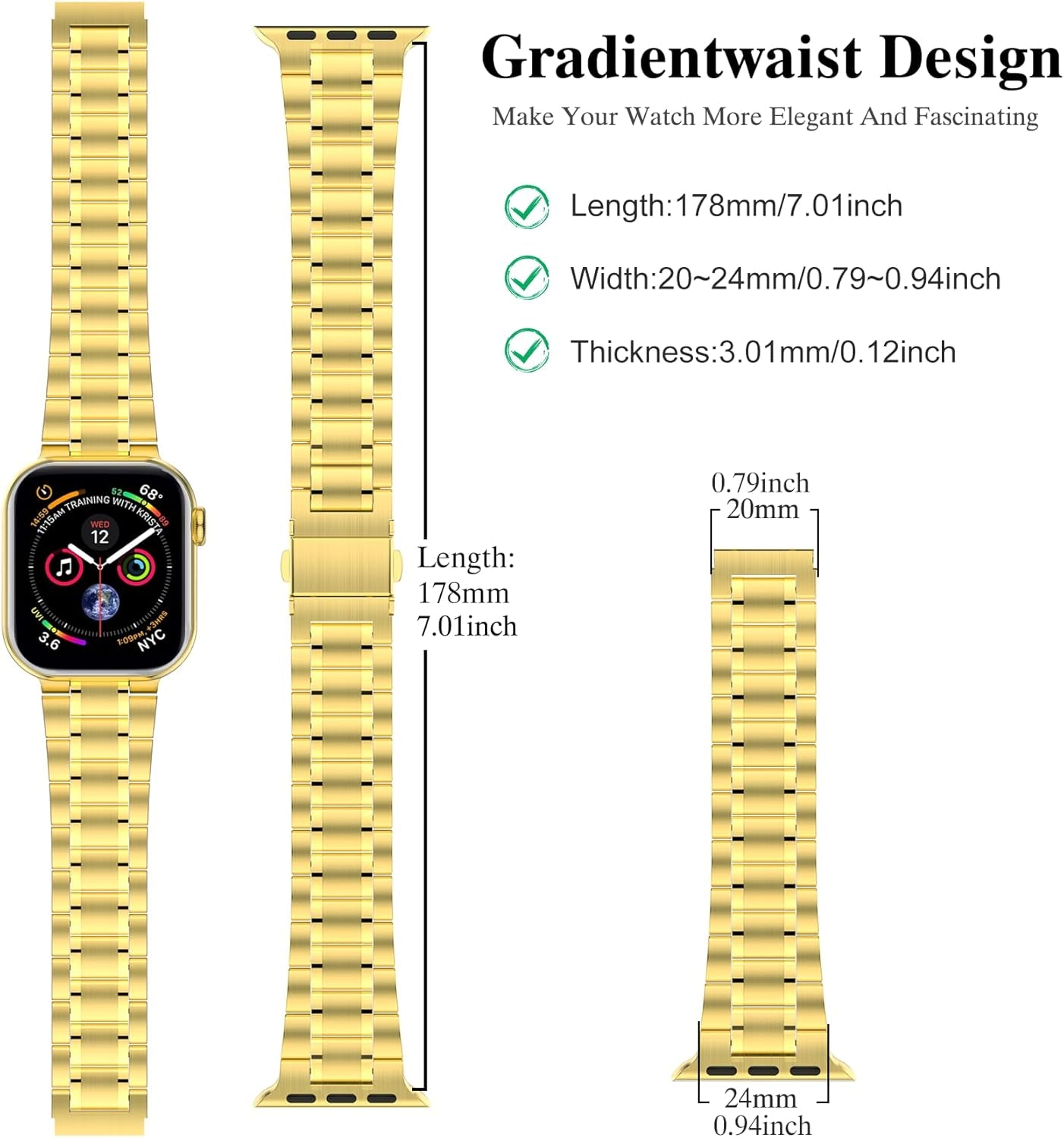 Stainless Steel Bands for Apple Watch 45Mm 44Mm 42Mm(Series 3/2/1) | Adjustable Metal Strap with Soft TPU Case for Women and Men, Fits Iwatch Bands Series 9 8 7 6 5 4 3 2 1, SE3, SE2, SE, Gold