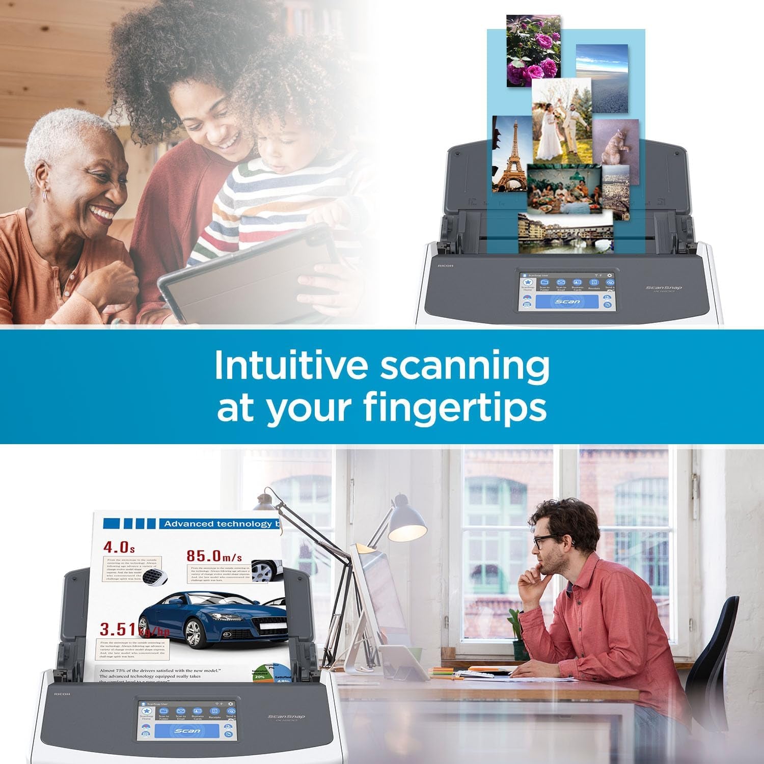 Ix1600 Photo and Document Scanner, Wireless or USB, White | High-Speed | Cloud Enabled | Large Touchscreen | Auto Document Feeder | Mac or PC