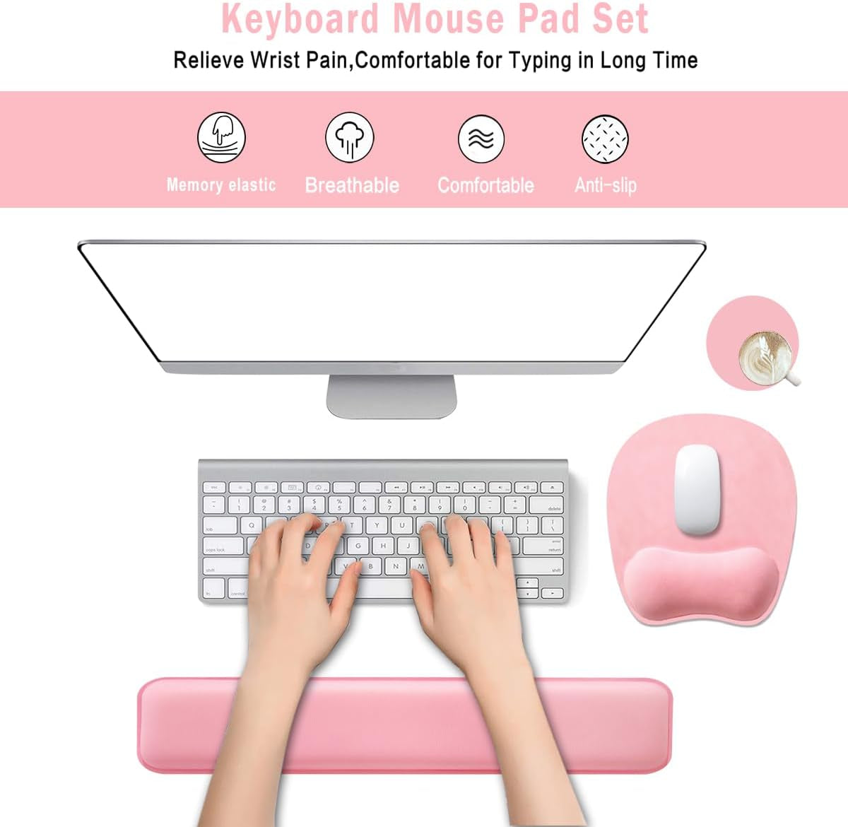 Memory Foam Set Wrist Rest Pad & Mouse Wrist Rest Support,Ergonomic Design for Office,Home,Laptop,Desktop Computer,Gaming Keyboard - Pink