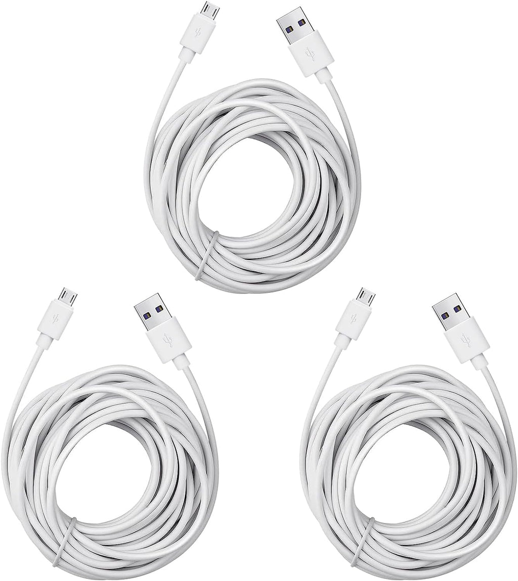 Micro USB Extension Cable for Wyze Cam V3 / Pan V2, Blink Mini, Yi Outdoor | Home Camera - Extra Long Power Cord, 25 Ft, White, 3-Pack