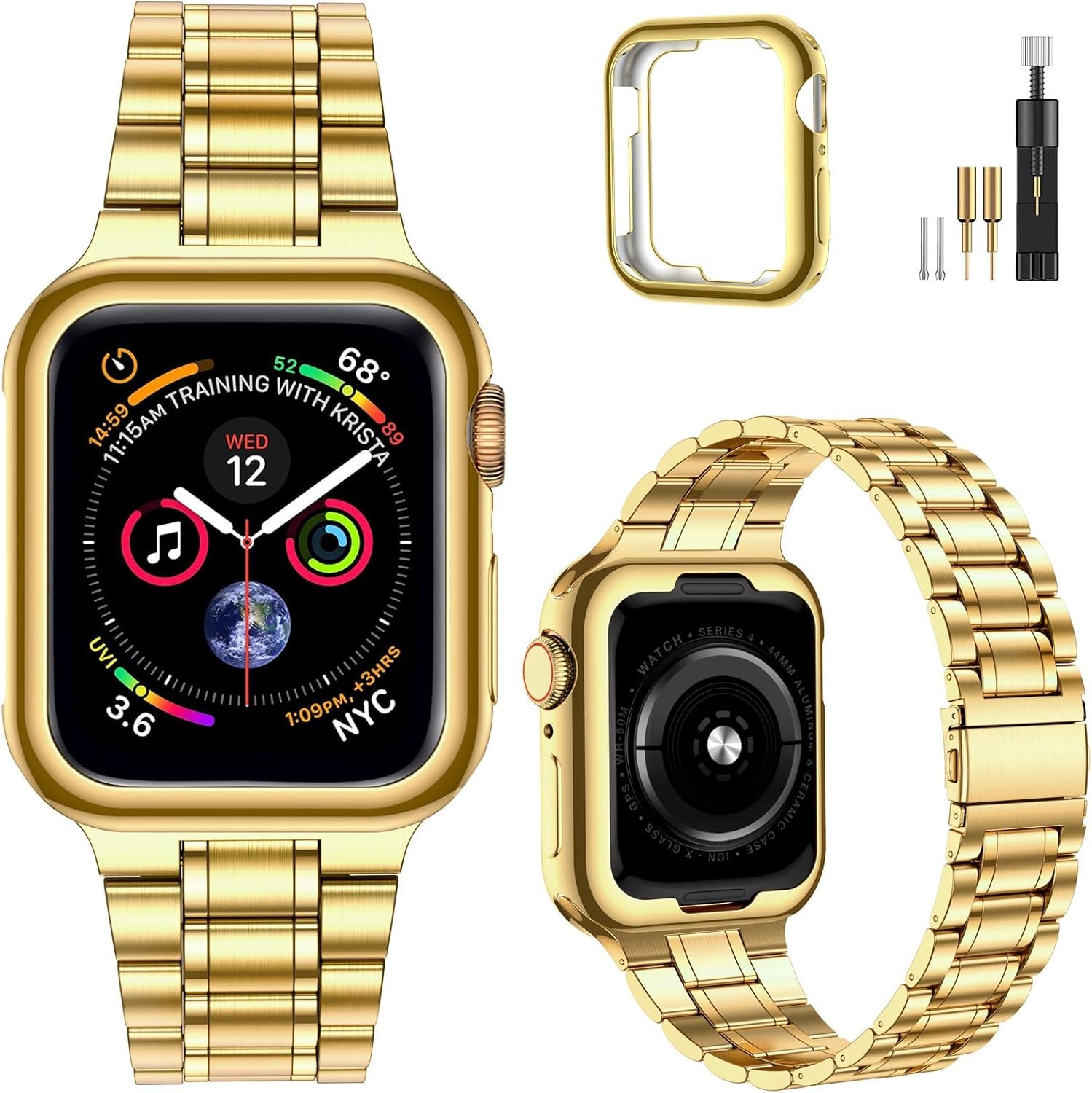 Stainless Steel Bands for Apple Watch 45Mm 44Mm 42Mm(Series 3/2/1) | Adjustable Metal Strap with Soft TPU Case for Women and Men, Fits Iwatch Bands Series 9 8 7 6 5 4 3 2 1, SE3, SE2, SE, Gold