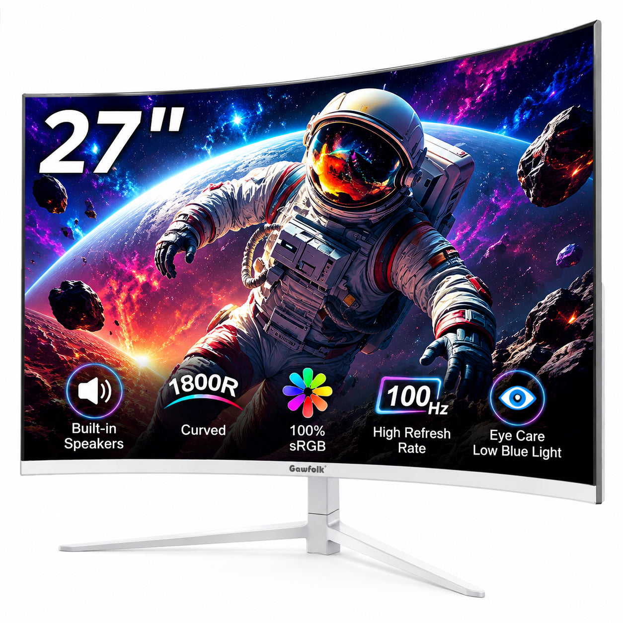 27 Inch Curved Monitor 100Hz, PC White Computer Gaming Monitor FHD 1080P, 1800R, Frameless, Built-In Speakers